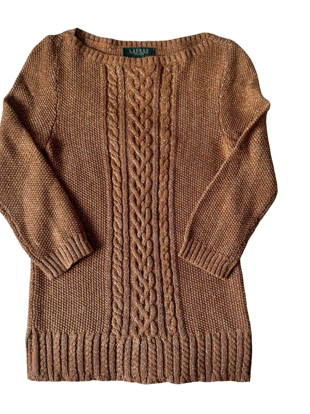 Lauren Ralph Lauren Women’s Gold Metallic Cotton Cable Knit Sweater Size PS